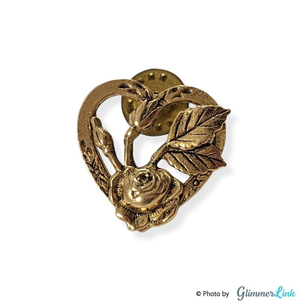 Vintage CAMCO Heart Roses Antiqued Gold Tone Lapel Pin Tie Tack